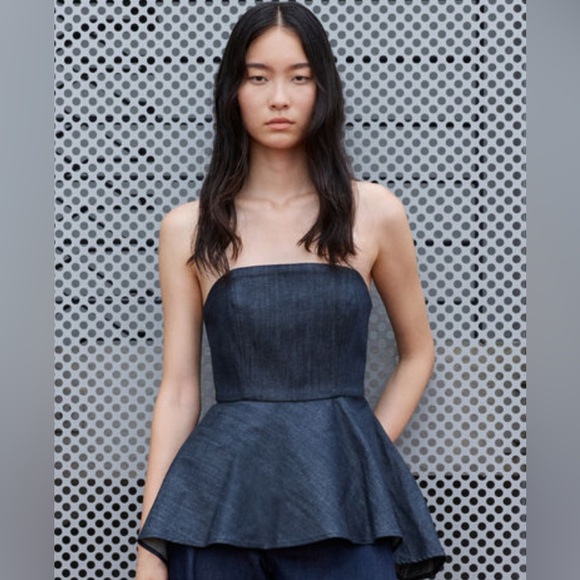 ZARA Denim strapless top Size Medium Asymmetric hem Hidden inseam zip closureNWT - Picture 12 of 14